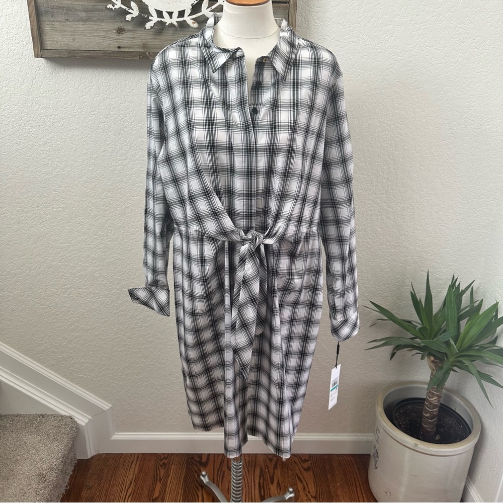 Calvin Klein Black‎ White tie waist Plaid Button-Up Shirt Dress Ladies 16 NWT